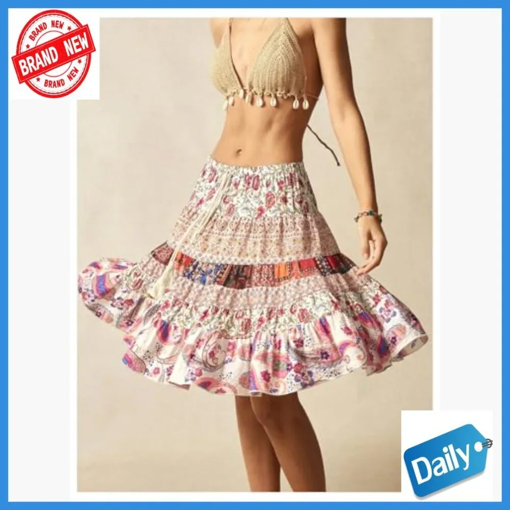 Boho Paisley A-Line Skirt Tie Front Flowy Summer Casual Knee-Length